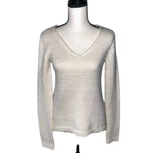 O’Neill Cream V-Neck Thick Knit Crotchet Abstract Back Design Sweater Size Small